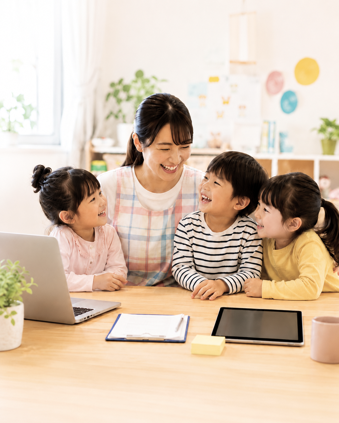 保育士が子どもと笑顔で向き合っているイラスト