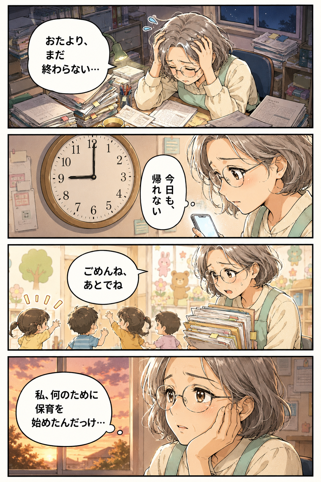 4コマ漫画・悩み編。1コマ目：夜の職員室でおたよりが終わらず頭を抱える園長先生。2コマ目：時計は21時、家族からのメッセージに返せない。3コマ目：昼間、子どもに「あとでね」と言って書類を抱えて通り過ぎる。4コマ目：「私、何のために保育を始めたんだっけ」とつぶやく。