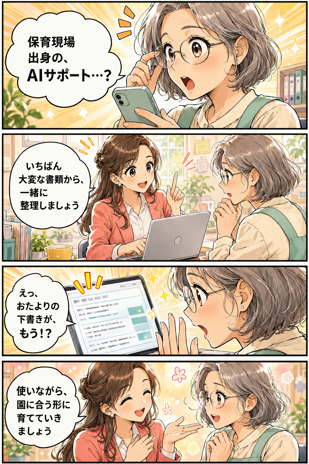 4コマ漫画・出会い編。1コマ目：「保育現場出身のAIサポートがあるらしい」と知る園長先生。2コマ目：無料相談で、みゆが「いちばん大変な書類から一緒に整理しましょう」と提案。3コマ目：AIでおたよりの下書きが数分で完成して驚く園長先生。4コマ目：「使いながら、園に合う形に育てていきましょう」と笑うみゆ。