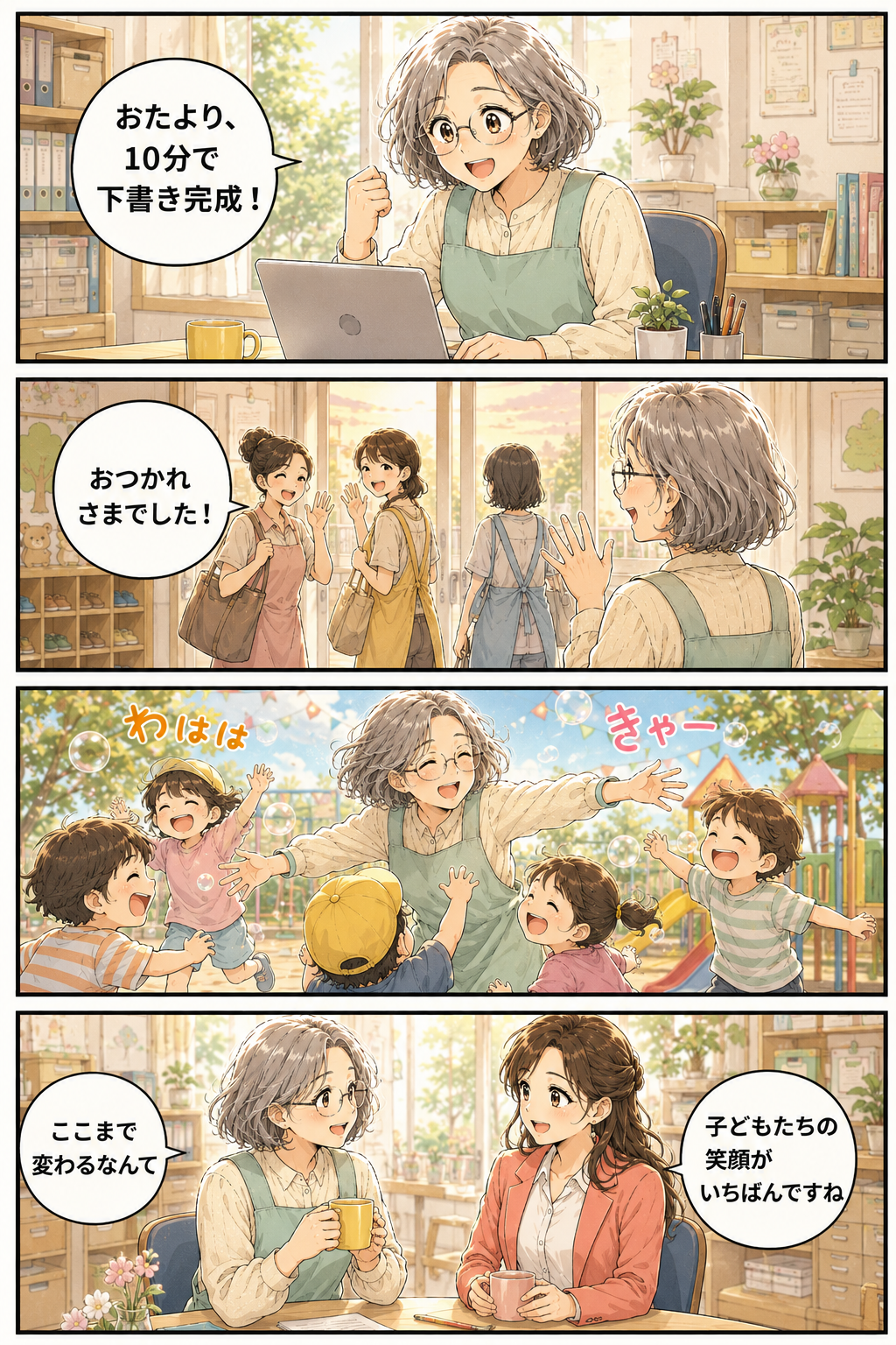 4コマ漫画・変化編。1コマ目：おたよりの下書きが10分で完成し笑顔の園長先生。2コマ目：職員が定時に「おつかれさまでした」と帰っていく。3コマ目：園庭で子どもたちと思いきり遊ぶ園長先生。4コマ目：「ここまで変わるなんて」とほほえむ園長先生と、「これからも伴走します」と応えるみゆ。