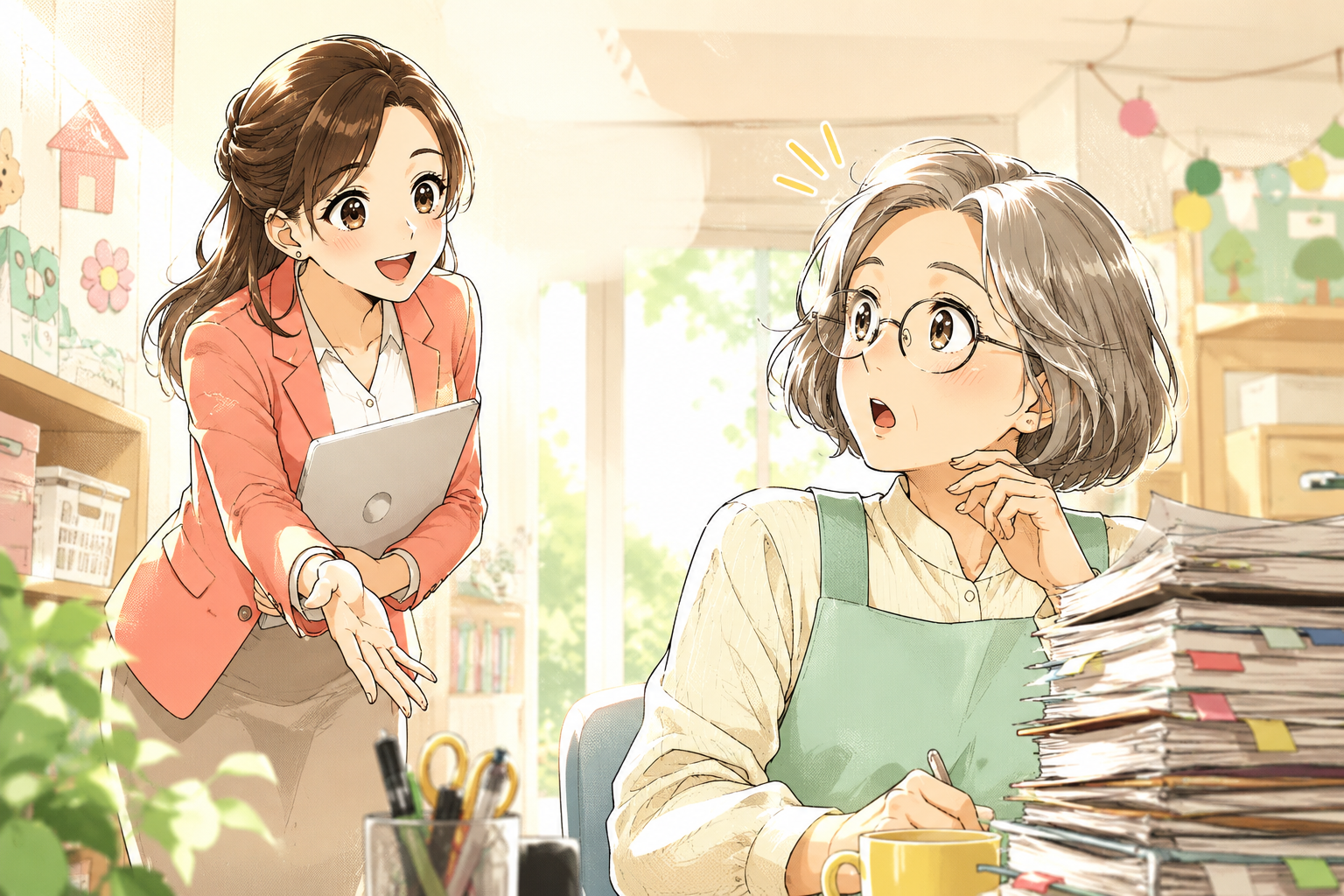 マンガの扉絵。書類の山を前にした園長先生の隣に、AIサポーターのみゆが寄り添い、前を向いて笑っているイラスト