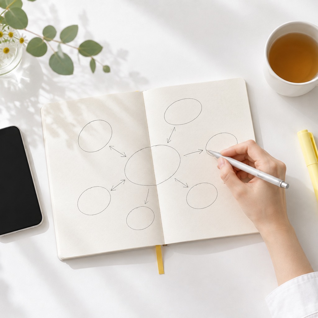 ノートに業務の流れを書き込む手元